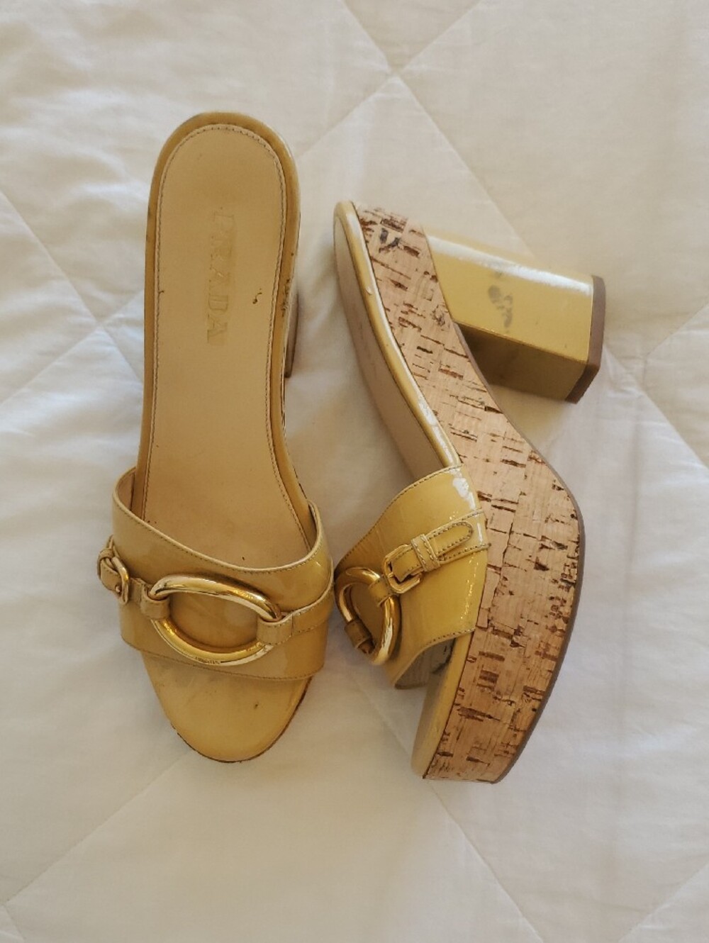 Prada Yellow-Tan Leather Slide Mules with Gold Oval Hardware